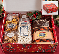 Holiday Ohio Gift Box with Ohio-made gourmet snacks including Buckeye Crunch, yogurt pretzels, artisan cookies and snack mixes in a red Christmas gift box.