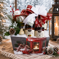 Winter Lantern Gourmet Gift Box with Apple Riesling Salsa, Raspberry Champagne Jam and gourmet foods in a decorative lantern box with winter greenery, pinecones and snowy décor.